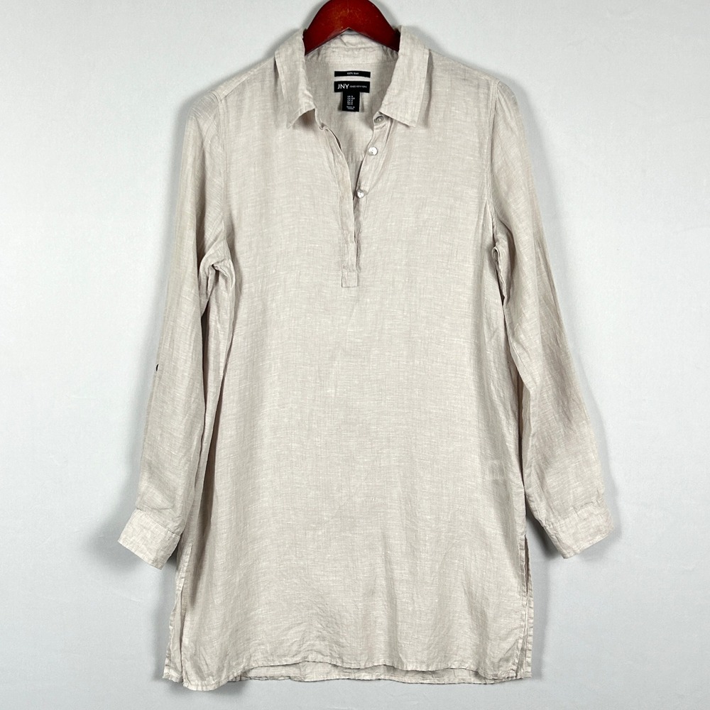 Jones New York 100% Linen Mini Tunic Dress Women's S / M Oatmeal Coastal Grandma - Picture 2 of 11
